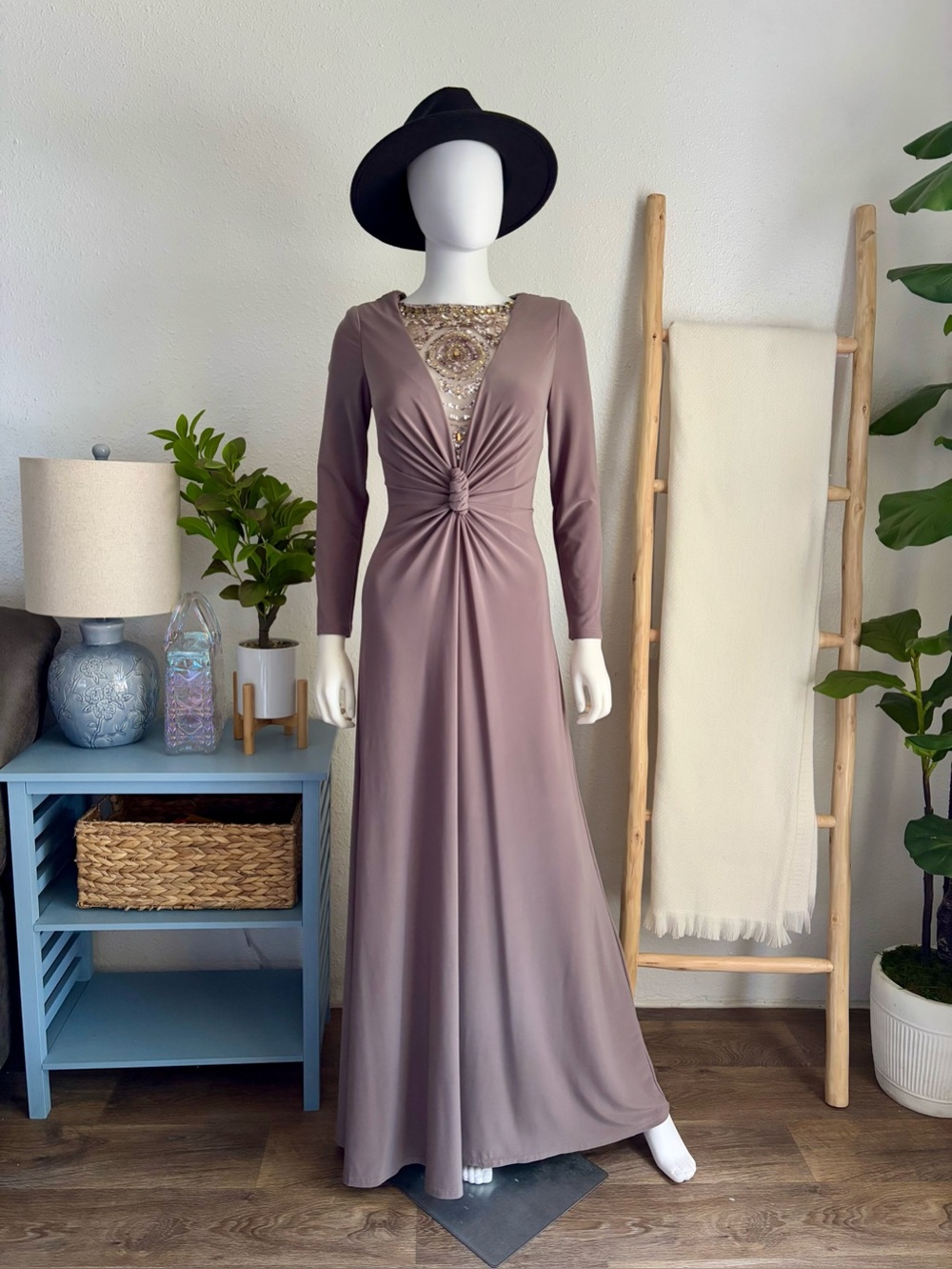 Rina diMontella Mauve Knot-Front Long Sleeve Evening Gown with Beaded Bodice